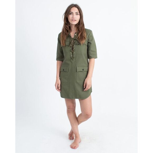 ZADIG & VOLTAIRE Green Military Lace Up Shift Dress With Embroidered Tiger - Picture 1 of 13